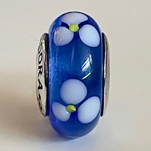 Pandora Blue With White Flowers Murano Charm